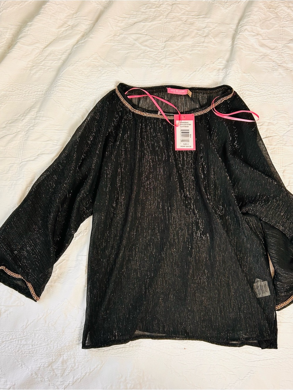 Isaac Mizrahi Black Metallic Sheer Blouse with Gold Trim